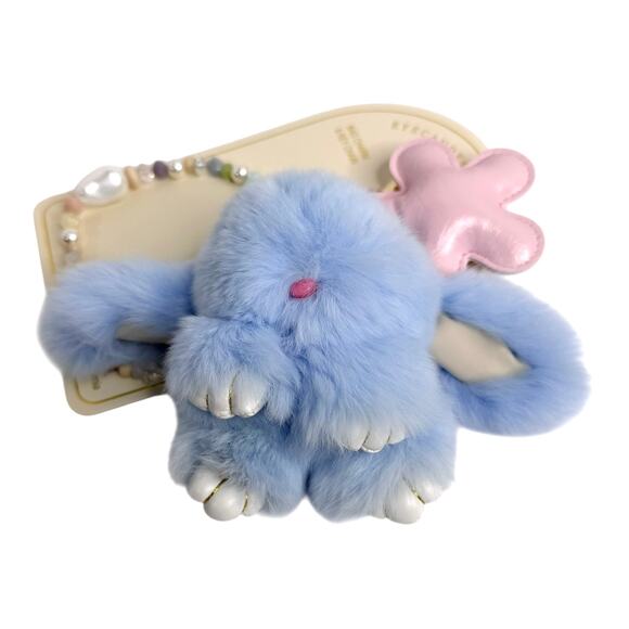 Eyecandy Fluffy Bunny Bag Charm Flower Beaded Bracelet Key Clip Blue Faux Fur - Picture 5 of 8